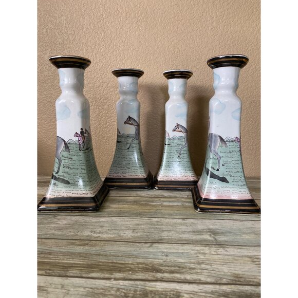4 X Vintage Equestrian Horse Rider Porcelain Candlestick Holders Hand Painted - Picture 4 of 12